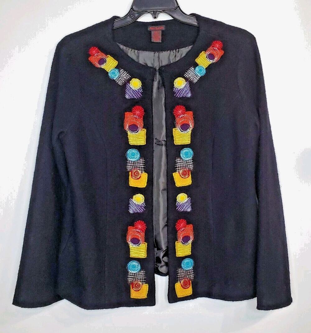 Sara Isabella Womens L Black Wool Cardigan Jacket Lined Embroidered Pockets VTG